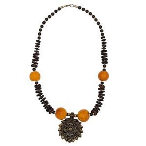 African Yellow Amber and Wood Bead Necklace w Gold Tone Spacers Medallion